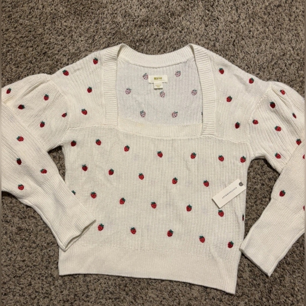 Maeve White Sweater with Red Accents